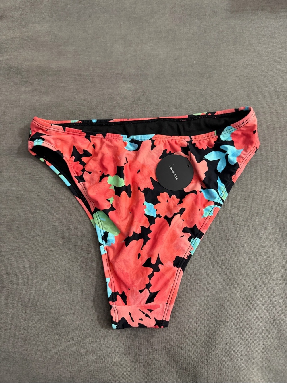 Lulu's Coral Floral Bikini Bottoms with Black & Aqua Accents